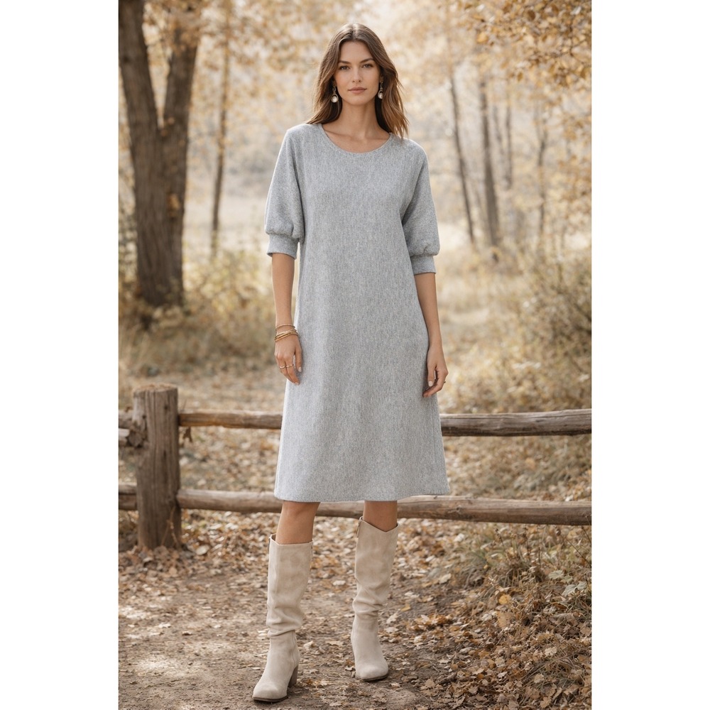 Lilla P Gray Puff Sleeve‎ Midi Sweater Dress Medium knit minimalist solid